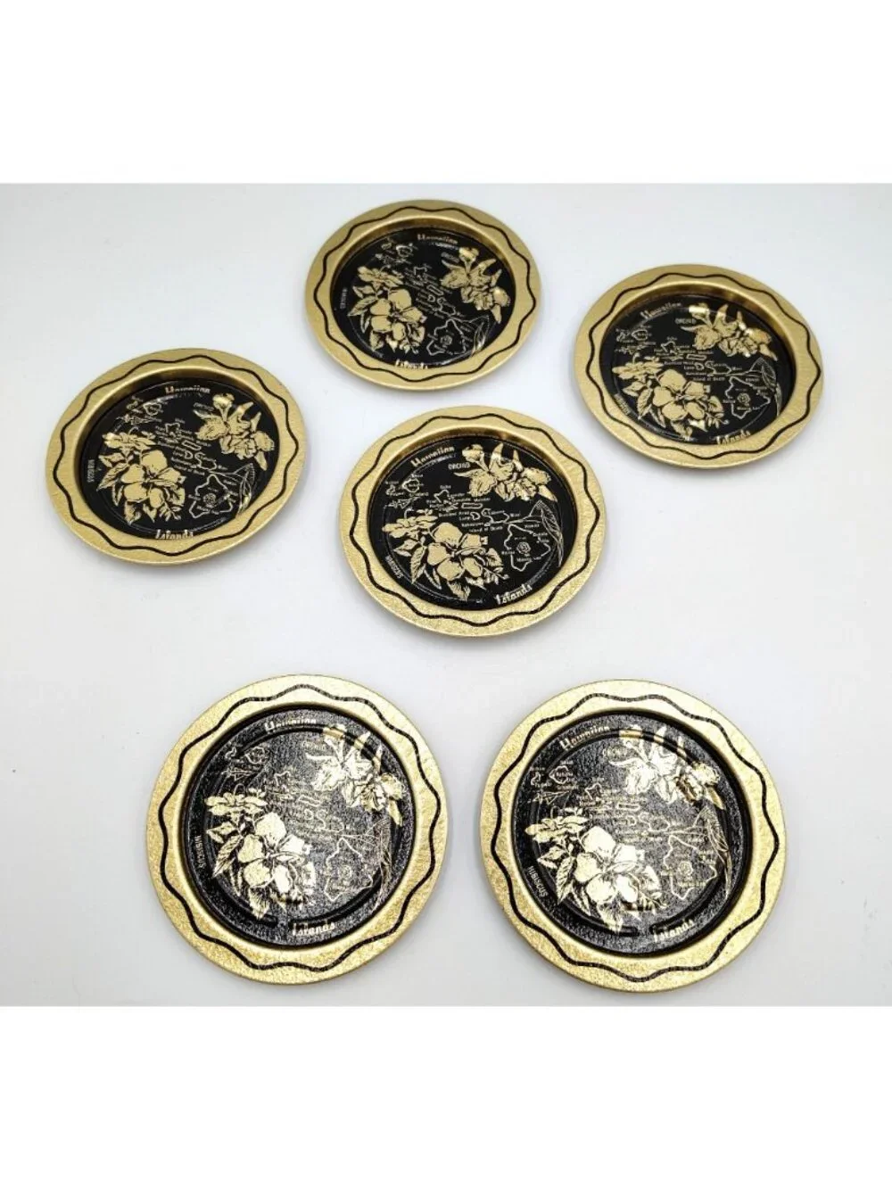 Hawaii Souvenir Metal Coaster Set 6 Vintage Gold Black Orchid Island Map 3.5